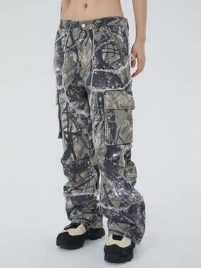 Made Extreme Raw Edge Jungle Camo Leaf Gray Cargo Street Jeans Womens Size Small
